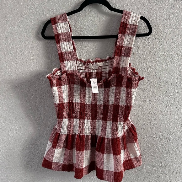 LOFT Tops - LOFT Burgundy Red & White Gingham Smocked Peplum Tank Top NWT Size L